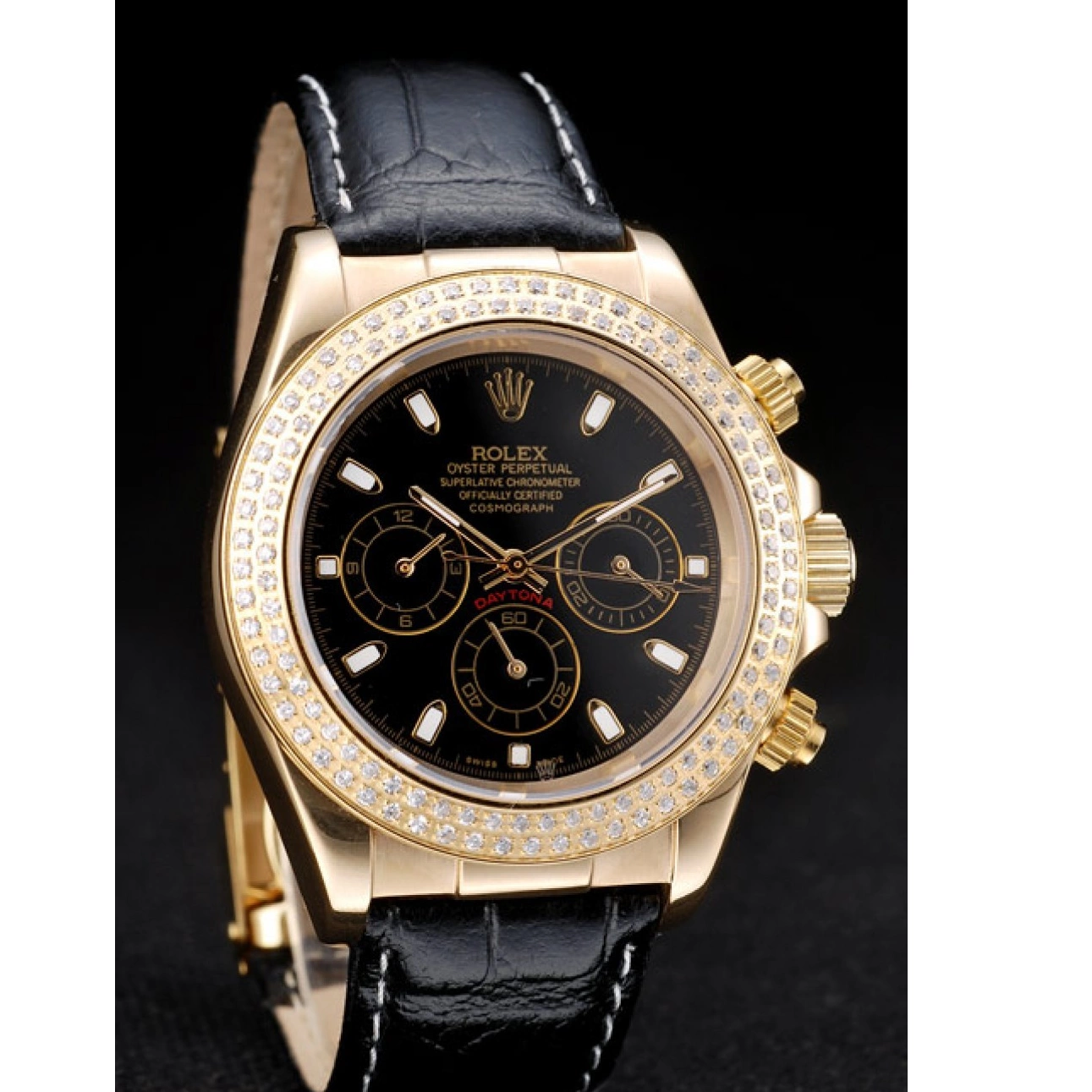 Good copy rolex watches Gold Black Bezel Case Dial Studded Rolex Crystal Daytona 0712
